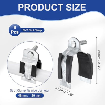 HARFINGTON 6pcs Rubber Cushion Strut Clamp 1-8/9" Universal Carbon Steel Strut Clamps with Bolt and Nut for Copper PEX Pipes CVPC Tubing, Silver Black - size: 1-8/9"