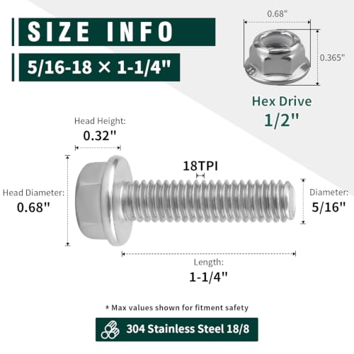 EASTLO 5/16-18 x 1-1/4" Flange Hex Bolts & Nylon Lock Nuts, 304 Stainless - size: 5/16-18 x 1-1/4