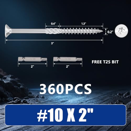 #10x2 inch Stainless Steel Deck Screws 360 PCS Wood Screws with T25 Bit - size: #10*2"-360pcs