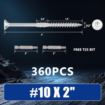 #10x2 inch Stainless Steel Deck Screws 360 PCS Wood Screws with T25 Bit - size: #10*2"-360pcs