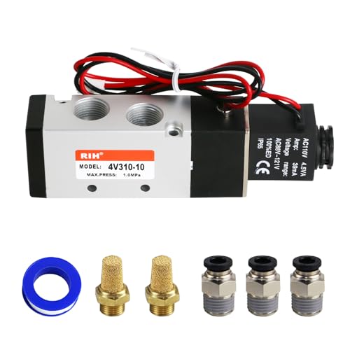 RIH Pneumatics Solenoid Valve 4V310-10 12V/24V/110V Series Single Coil Pilot-Operated Electric 2 Position 5 Way Connection Type (AC110V/Out of line, 3/8"NPT) - size: AC110V/Out of line, style: 3/8"NPT