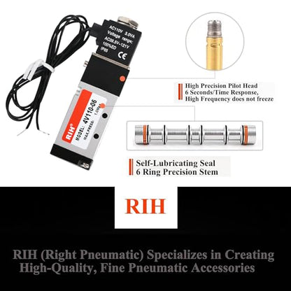 RIH Pneumatics Solenoid Valve 4V110-06 12V/24V/110V Series Single Coil Pilot-Operated Electric 2 Position 5 Way Connection Type (AC110V/Out of line, 1/8"NPT) - size: AC110V/Out of line, style: 1/8"NPT