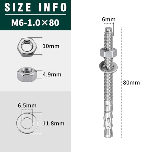 12-Pack M6-1.0 x 80 Wedge Anchors, Stainless Steel 304 (18/8), Concrete Anchor for Heavy-Duty Projects - size: M6-1.0 x 80