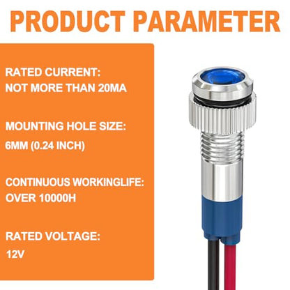 GASHER 5 PCS Energy Saving Indicator Light, LED Light 12V/24V/110V 20mA Panel Mount Light, Mounting Hole Size 6mm Blue LED (12V) - color: Blue, size: 6MM（12V）