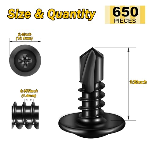 Mywish 650Pcs #8×1/2" Black Self Tapping Screws for Metal, 410 Black Metal Screws Oxide Stainless Steel Truss Head Self Drilling Screws High-Strength - color: Black, size: #8x1/2" (650 pcs)