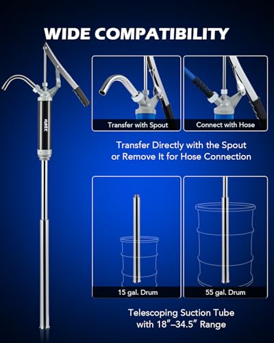 OMT 55 Gallon Drum Pump, Lever Action Barrel Pump for 15 to 55 gal Drums - color: Black Lever Action Steel Pump