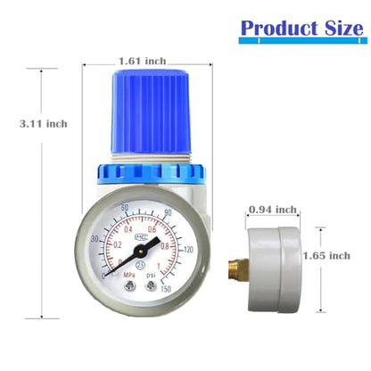 Air Compressor Pressure Regulator Kit,1/4 Inch NPT Mini Air Pressure Regulator with 0-150 PSI Gauge and Bracket for Compressed Air System Air Drying System (Blue)