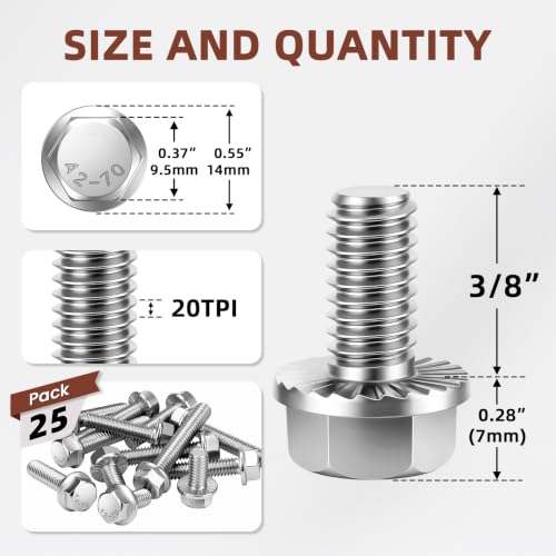 Mellewell 1/4-20 x 3/8" Flanged Hex Head Bolts Flange Hexagon Screws, Stainless Steel A2, DIN 6921, 25 PCS - color: Silver, size: 1/4-20 x 3/8"