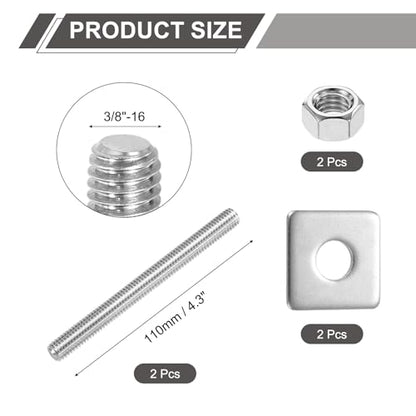 uxcell 3/8"-16 UNC Fully All Threaded Rod, 2 Pcs 304 Stainless Steel Long Threaded Screw 4.3" Length Right Hand Threads with Square Washers for Furniture Mounting Assembly Fastening - size: 4.3"