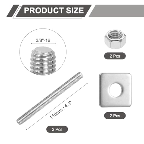uxcell 3/8"-16 UNC Fully All Threaded Rod, 2 Pcs 304 Stainless Steel Long Threaded Screw 4.3" Length Right Hand Threads with Square Washers for Furniture Mounting Assembly Fastening - size: 4.3"
