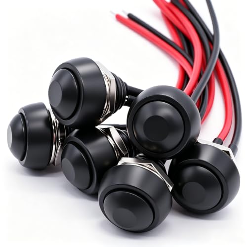 Twidec/6Pcs 12mm Momentary Push Button Switch 1/2" Mounting Hole On Off Mini Round Waterproof Black with Pre-soldered Wires PBS-33B-BK-X - color: Black-12mm, size: Momentary