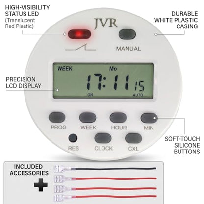 JVR 12V Timer Switch - Programmable DC/AC/Solar Relay, 16 Schedules