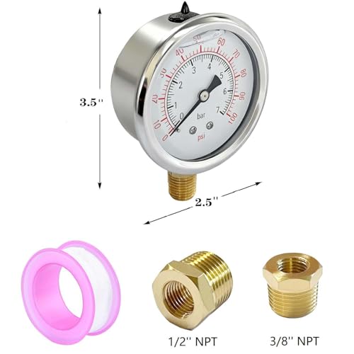 YSIL 1/4 NPT Liquid Filled Pressure Gauge w/ 3/8 NPT 1/2 NPT Adapter 100Psi - size: 0-100 psi
