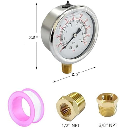 YSIL 1/4 NPT Liquid Filled Pressure Gauge w/ 3/8 NPT 1/2 NPT Adapter 100Psi - size: 0-100 psi