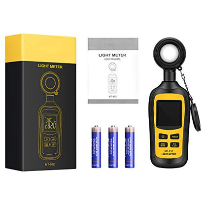 Light Meter Digital Illuminance Meter Handheld Ambient Temperature Measurer, Range up to 200,000 Lux, Luxmeter with 4 Digit Color LCD Screen