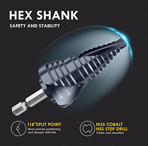 Spiral Flute Cobalt Step Drill Bit M35,Hex Shank Unibit for Metal, Stainless Steel (1/4"-1-1/8") - size: 1/4"-1-1/8"(2 Flute)