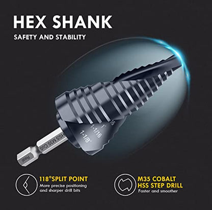 Spiral Flute Cobalt Step Drill Bit M35,Hex Shank Unibit for Metal, Stainless Steel (1/4"-1-1/8") - size: 1/4"-1-1/8"(2 Flute)