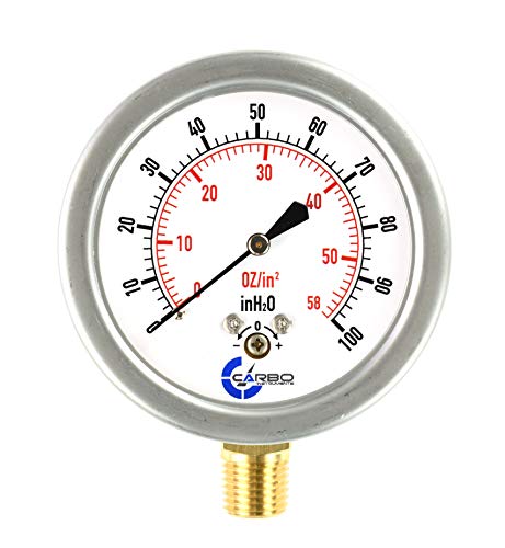 Diaphragm Low Pressure Capsule Gauge, 2-1/2" Dial, 0-60 oz/0-100in H2O Range, 1/4" NPT Lower Mount, Stainless Steel Case, Brass Internals, Adjustable, Dual Scale 60oz/100inH2O (IWC) - size: 0-60 oz/0-100 inH2O