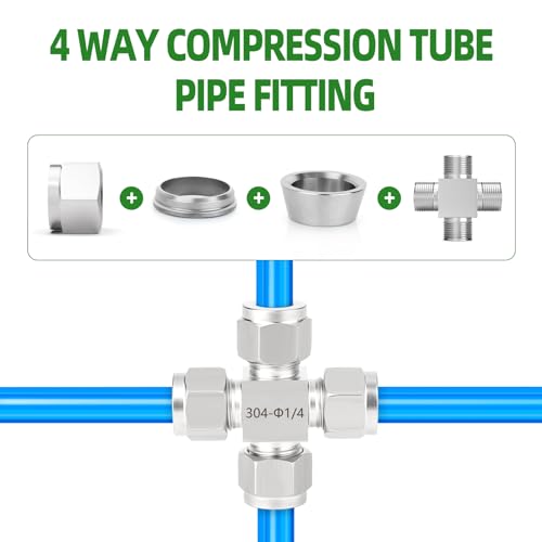 TAISHER 1PCS 304 Stainless Steel 4 Way Compression Tube Pipe Fitting Connector, 1/4" x 1/4" x 1/4" x 1/4" Tube OD Adapter