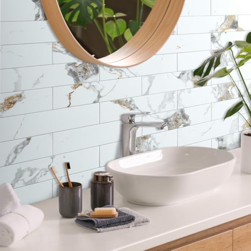 AULIGET 40-Piece Polished White Marble with Gold Peel and Stick Backsplash Wall Tiles, 3" x 12" PVC Faux Stone Stick on Tiles for Backsplash Kitchen, Bathroom, Laundry Room, Camper, Fireplace - color: Polished White Marble & Gold, size: 40 Pieces, 3"x12"x