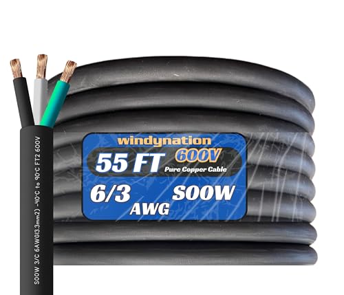 WindyNation 55 Feet 6/3 6 AWG SOOW SO Cable Cord Wire - 6 Gauge 3 Conductor 600V Portable Power Extension Cord Cable for EV Chargers, Motor Leads, Portable Lights, Battery Chargers, and Machinery - size: 55 Ft.