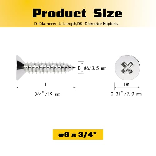 #6 x 3/4 inch Flat Head Wood Screws, 304 Stainless Steel Phillips Drywall Screws and Tapping Screws, High Hardness Screws for Drywall, Sheetrock, Wood (100 pcs) - size: #6 x 3/4"