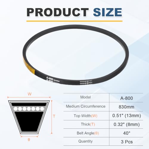 uxcell 3Pcs A800 Rubber V-Belt, 800mm Li x 13mm W x 8mm T, Classic Wrapped - size: A800