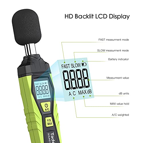 Decibel Meter, Tadeto Digital Sound Level Meter Portable SPL Meter 30dB to 130dB MAX Data Hold with LCD Display Backlight A/C Weighted for Home Factories - color: Green