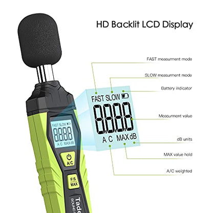 Decibel Meter, Tadeto Digital Sound Level Meter Portable SPL Meter 30dB to 130dB MAX Data Hold with LCD Display Backlight A/C Weighted for Home Factories - color: Green