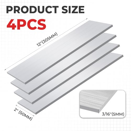 6061 Aluminum Flat Bar, 3/16" x 2" x 12" Rectangle Aluminum Bar Stock, T6511 Solid Mill Stock for Industrial Building, DIY Projects, Metal Crafting and Fabrication（4 Pcs ） - size: 3/16" x 2" x 12"
