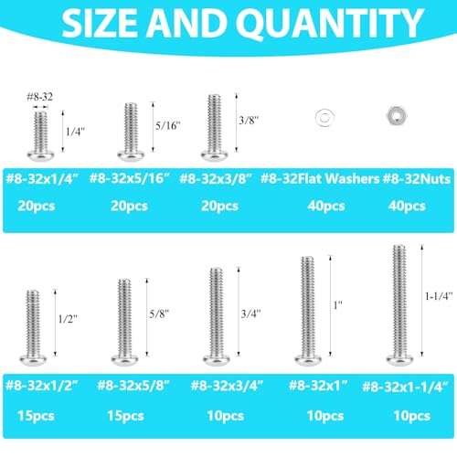 200 Pieces #8-32 Phillips Pan Head Machine Screws Nuts Washers Assortment Kit, Coarse Thread, Fully Machine Threaded, 304 Stainless Steel - size: #8-32