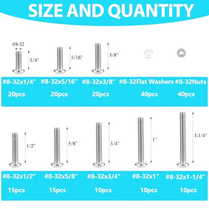 200 Pieces #8-32 Phillips Pan Head Machine Screws Nuts Washers Assortment Kit, Coarse Thread, Fully Machine Threaded, 304 Stainless Steel - size: #8-32