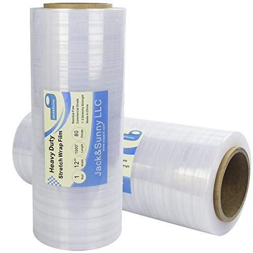 Jack&Sunny Stretch Film -12 inch Shrink Wrap Extra Thick Self-Adhering Plastic Wrap for Moving Supplies, Pallet Packaging,Industrial Strength Clear Packing Material - 1000 Feet, 80 Gauge - size: 12''clear