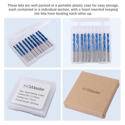 HQMaster 1/8" Shank CNC Router Bits 2 Flute Upcut CNC Bit End Mill 10pcs - size: 1/8"CED x 1/8"SD x 11/16"CEL x 1-1/2"OAL