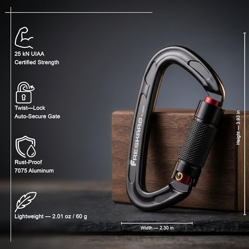 FresKaro UIAA Certified 25KN Auto Locking Climbing Carabiner Clips, Twist Lock, and Heavy Duty Carabiners for Rock Climbing, Rappelling, and Mountaineering, D Shaped - color: 2PCS-BLACK