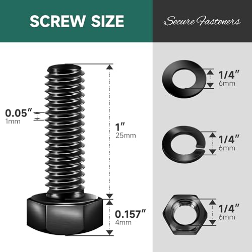 1/4-20 x 1 Hex Head Bolts Screws with Nuts, Flat & Lock Washers, 304 Stainless Steel Bolts and Nuts External Hex Drive Black Oxided 1/4 Bolt (10Sets) - color: Black, size: 1/4 x 1"