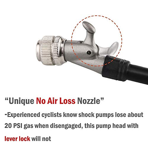 Giyo High Pressure Shock Pump, (300 PSI Max) for Fork & Rear Suspension, Lever Lock on Nozzle No Air Loss (Black)