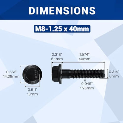 12-Sets M8-1.25 x 40mm Grade 10.9 Flange Hex Bolts + Flange Nut + Flat Washer + Lock Washer Combo Pack, Black Oxide, for Automotive & Machinery - size: M8-1.25 x 40mm