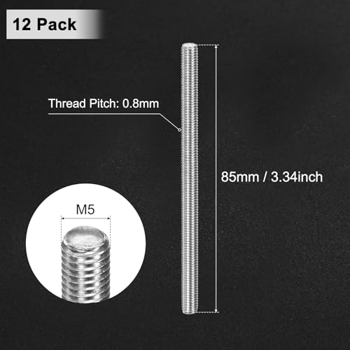 M METERXITY 12-Pack Fully Threaded Rod, M5x85mm 304 Stainless Steel Right Hand Thread Bar Studs for Furniture Anchor Bolts/Clamps/U-Bolts, Metric Threaded Screw - size: M5x85mm