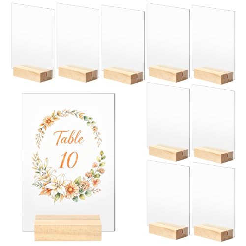Bercoor 10 Pack 4x6 Inch Blank Clear Acrylic Sign with Wooden Stands, Rectangle Top Acrylic Sheet, DIY Acrylic Rectangle Table Numbers for DIY Name Card Gifts Event Party Sign Decoration - size: 4x6 rectangle