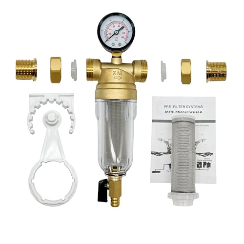 Spin Down Sediment Water Filter System with Pressure Gauge, 50&100 Micron Stainless Steel filter Mesh Pre-Filter for City/Well Water, 1" MNPT & 3/4" FNPT/MNPT Ports, Easy Backwash Cleaning