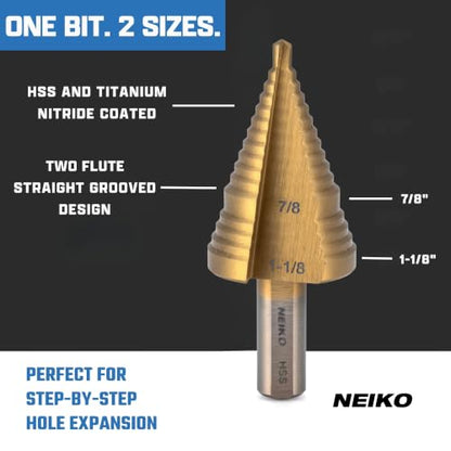 NEIKO 10626A Step Drill Bit, 2 Steps 7/8" to 1-1/8" Straight High Speed Steel, Titanium Nitride Coated, 3/8" Tri-Flat Step Bits for Steel, Metal, Wood, Plastic, Unibit Cone Drill Bits, Two Flute - size: #9 (7/8 - 1-1/8", 2S), style: Straight