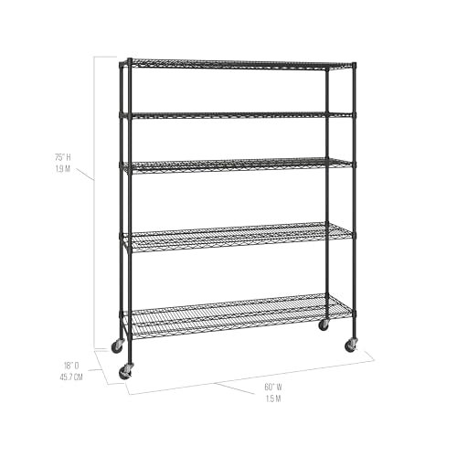 UltraDurable 5-Tier NSF Steel Wire Shelving, 60"W x 18"D x 75"H, Black - color: Black, size: 5-Tier Shelving, 60" W x 18" D