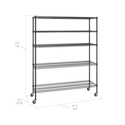 UltraDurable 5-Tier NSF Steel Wire Shelving, 60"W x 18"D x 75"H, Black - color: Black, size: 5-Tier Shelving, 60" W x 18" D