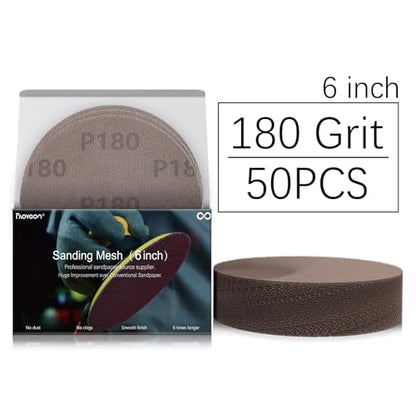 6 Inch Sanding Mesh | Micro Mesh Hook and Loop Sanding Discs | Dust Free Net Sandpaper | 50 Pack 180 Grit | Wet and Dry Sanding Screen | Anti-Clog and Last Longer - style: 180 Grit