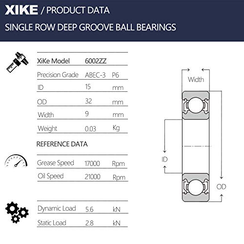 XIKE 6002ZZ Shielded Deep Groove Ball Bearings, 15x32x9 mm, 2-Pack - size: 6002ZZ - 15x32x9 mm