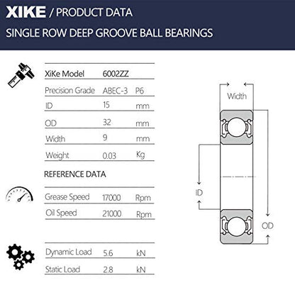 XIKE 6002ZZ Shielded Deep Groove Ball Bearings, 15x32x9 mm, 2-Pack - size: 6002ZZ - 15x32x9 mm