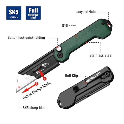 WORKPRO EDC Folding Utility Knife, Mini Box Cutter with Quick Open Axis Lock, Quick Change Blade Razor Knife, Foldable Small Pocket Knife with Belt Clip - color: Green-g10