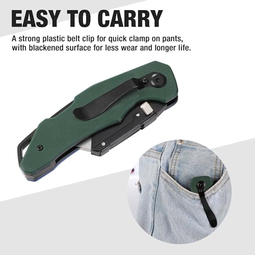 WORKPRO Folding Utility Knife G10 Handle with Stainless Steel Head, Quick-change Blade & Back Lock, Heavy Duty Box Cutter, 1PC Razor Knife with Extra 10PC SK5 Blades - color: Green G10