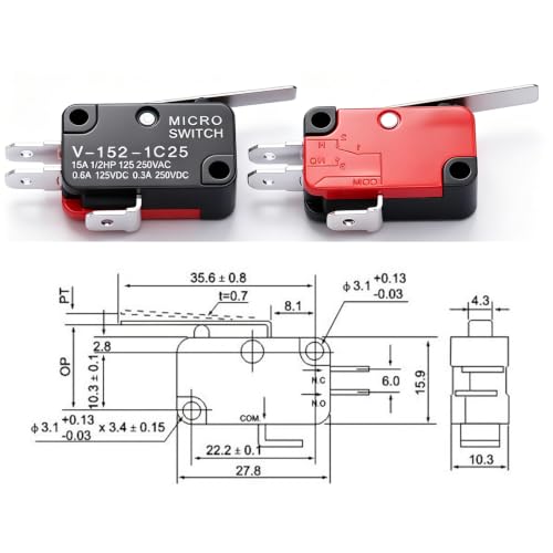 Twidec/6Pcs Micro Limit Switch Short Straight Hinge Lever Arm SPDT Snap Action Switch for Arduino V-152-1C25 - style: V-152-1C25